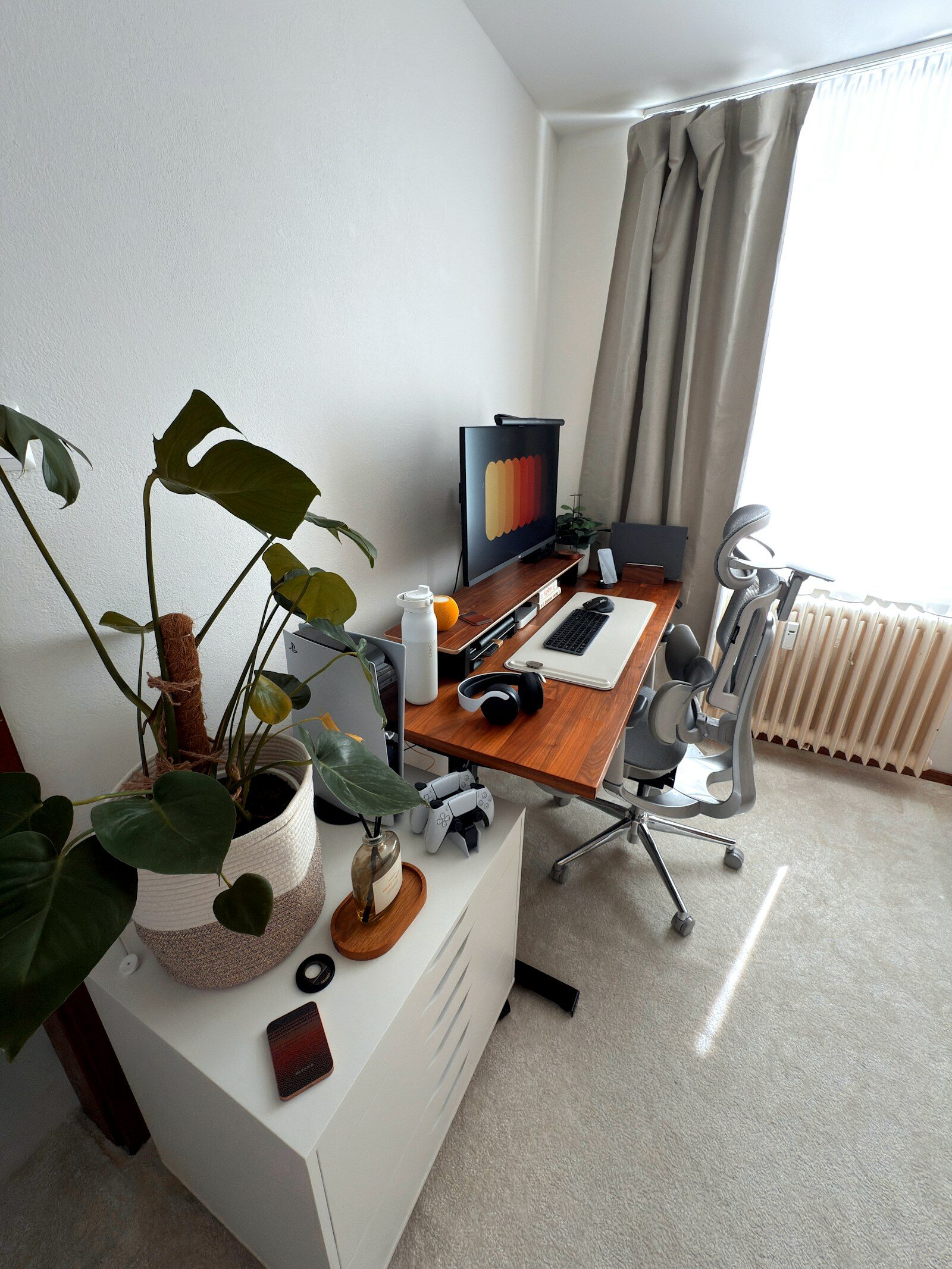 A calm home workspace with a laptop, desk, and plant by a window